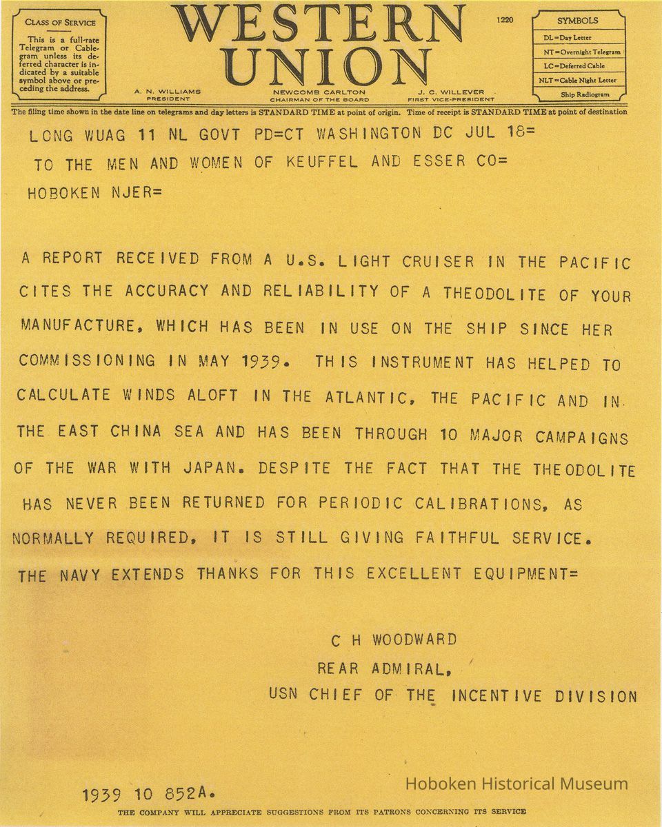 Telegram to K&E Hoboken employees re theodolite from Rear Adm. C. H. Woodward, USN, Wash., D.C., July 18, no year (probably 1945.) picture number 1