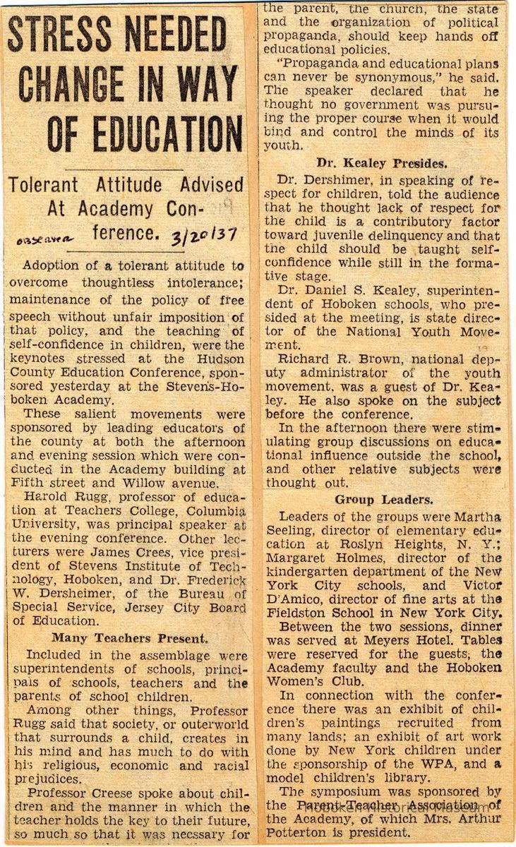 Digital image of newsclipping: Stress Needed Change in Way of Education. Jersey Observer, March 20, 1937. picture number 1