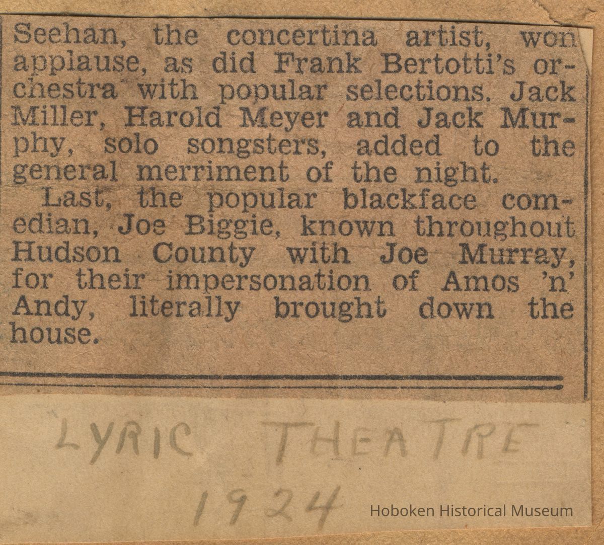 Newsclipping of review of performance by Joe Biggie (Joseph Yaccarino of Hoboken) with Joe Murrary at Lyric Theatre, Hoboken, 1924. picture number 1