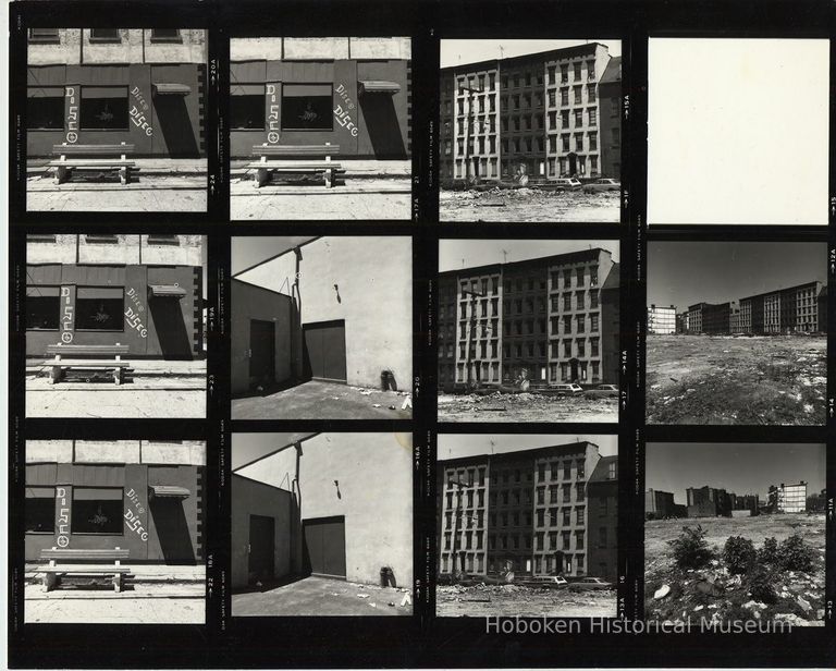 B+W negative contact sheet of images of Hoboken taken by John Conn. no date, [1976]. picture number 1