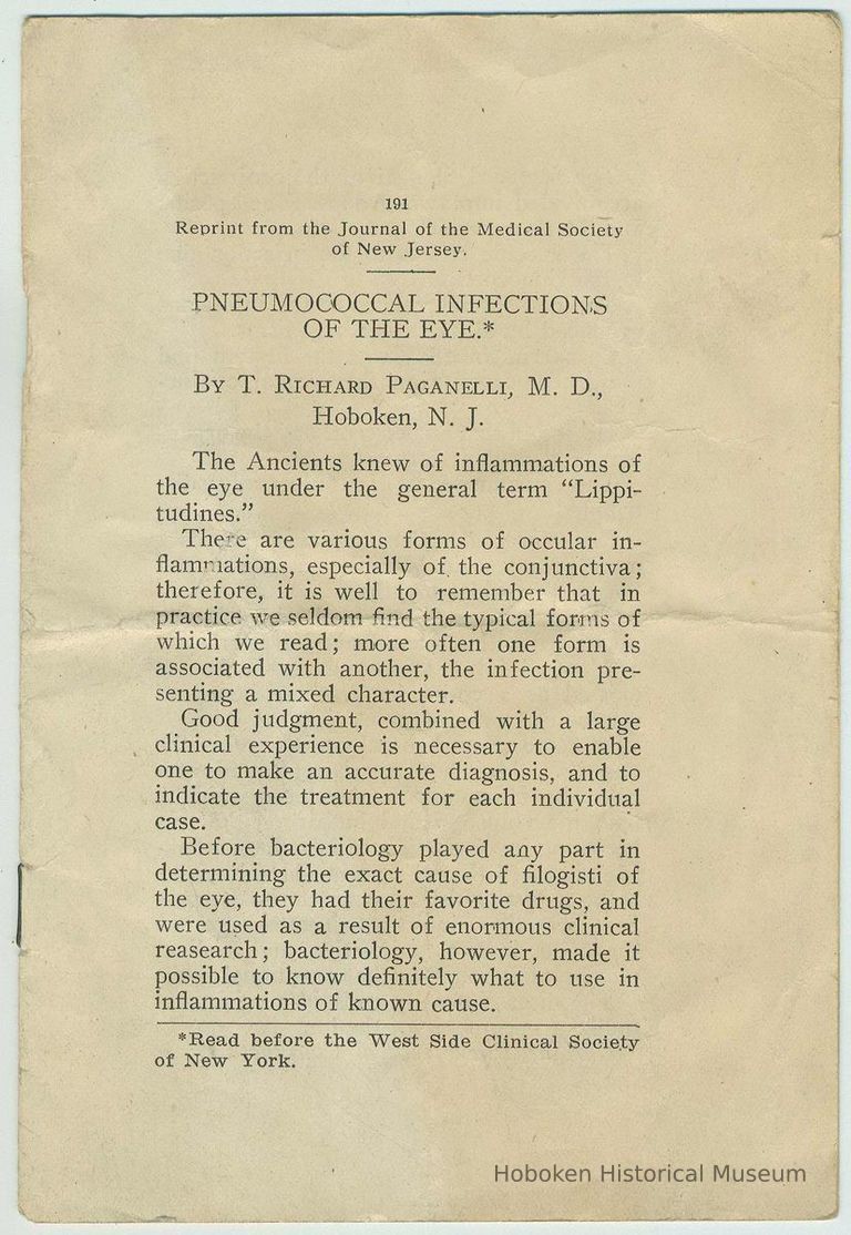 Pamphlet: reprint of 2 papers by T. Richard Paganelli, M.D. of Hoboken, N.J. from the Journal of the Medical Society of New Jersey, no date. picture number 1