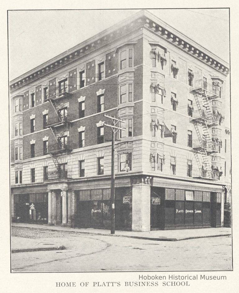 Printed B+W photograph of Platt's Select Business School, corner of Third and Garden Streets, Hoboken, ca. 1906-1908. picture number 1