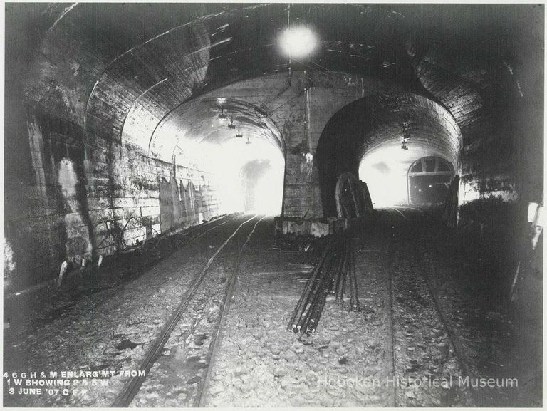 B+W copy photo of a photo inside tunnels of Hudson & Manhattan Rail Road, location not certain, June 3, 1907. picture number 1