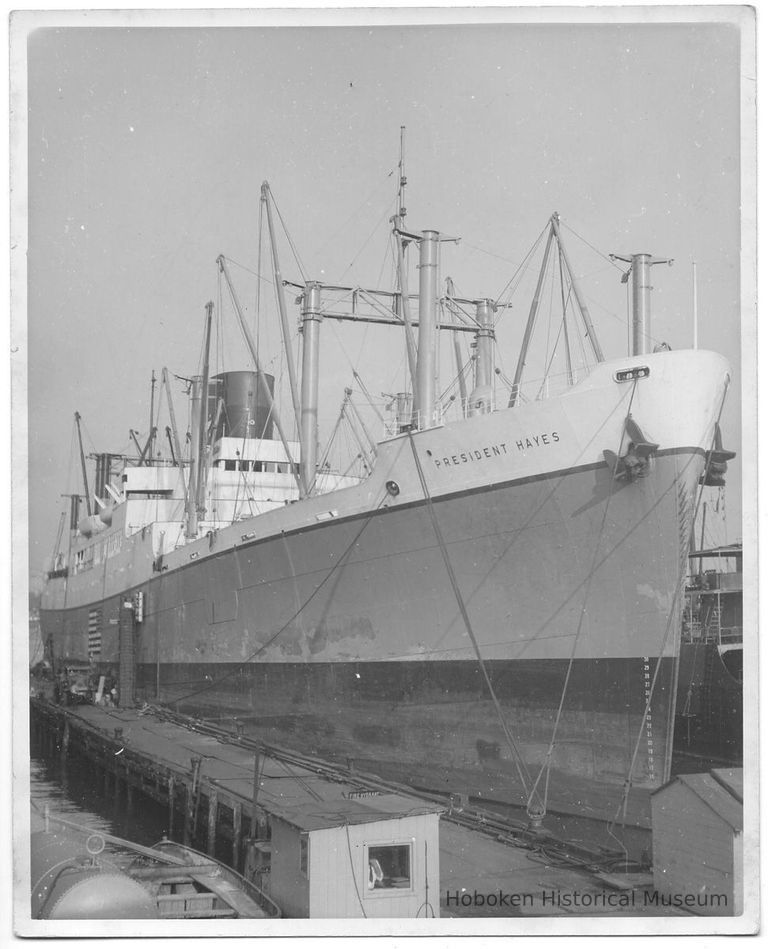 B+W photo of the S.S. President Hayes, starboard bow view, Hoboken, no date, ca. 1941. picture number 1