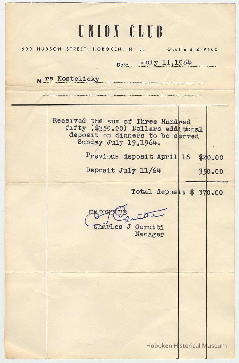 Receipt for Mrs. [Helen?] Kostelecky from the Union Club, 600 Hudson Street, Hoboken, July 11, 1964. picture number 1
