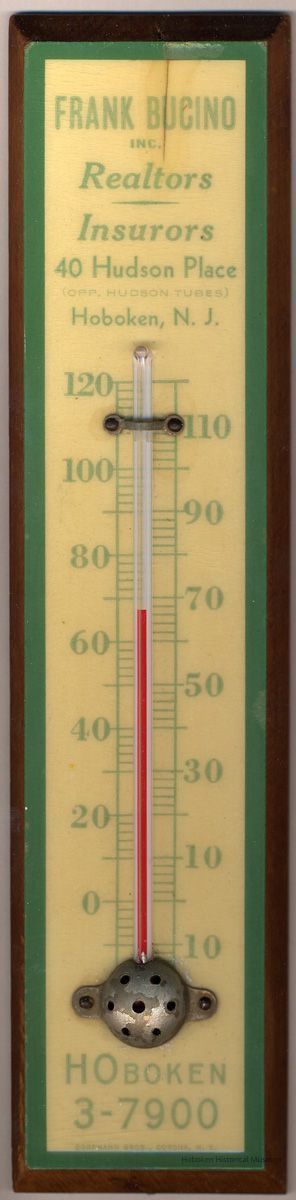 Wall thermometer advertising Frank Bucino, Inc., Realtors, Insurors, 40 Hudson Place, Hoboken, N.J. No date, ca. 1950-1960. picture number 1