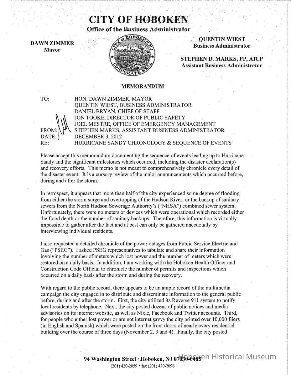 Memo, City of Hoboken: HURRICANE SANDY CHRONOLOGY & SEQUENCE OF EVENTS; Dec. 3, 2012. picture number 1