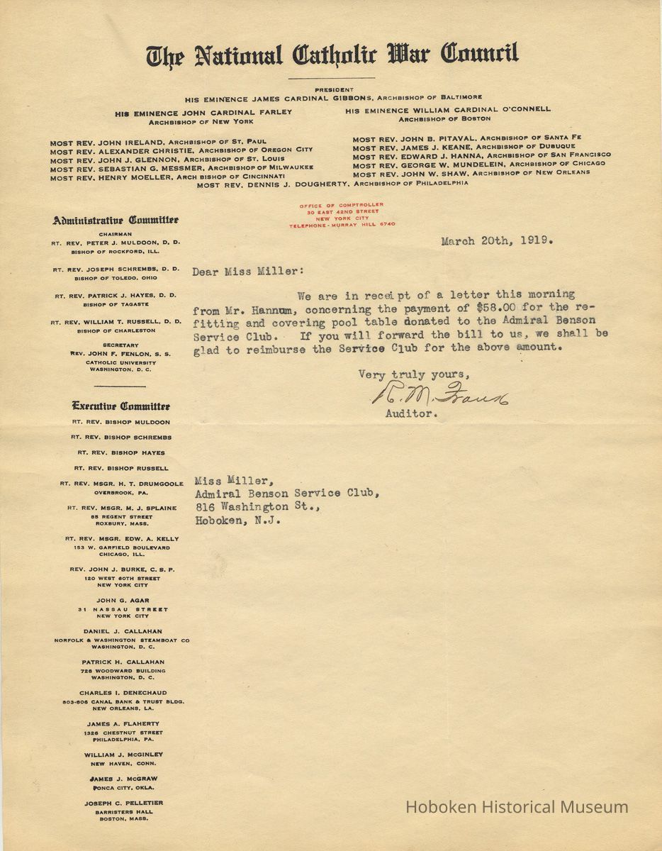 TLS to Florence Miller re Admiral Benson Club, Hoboken, March 20, 1919. picture number 1