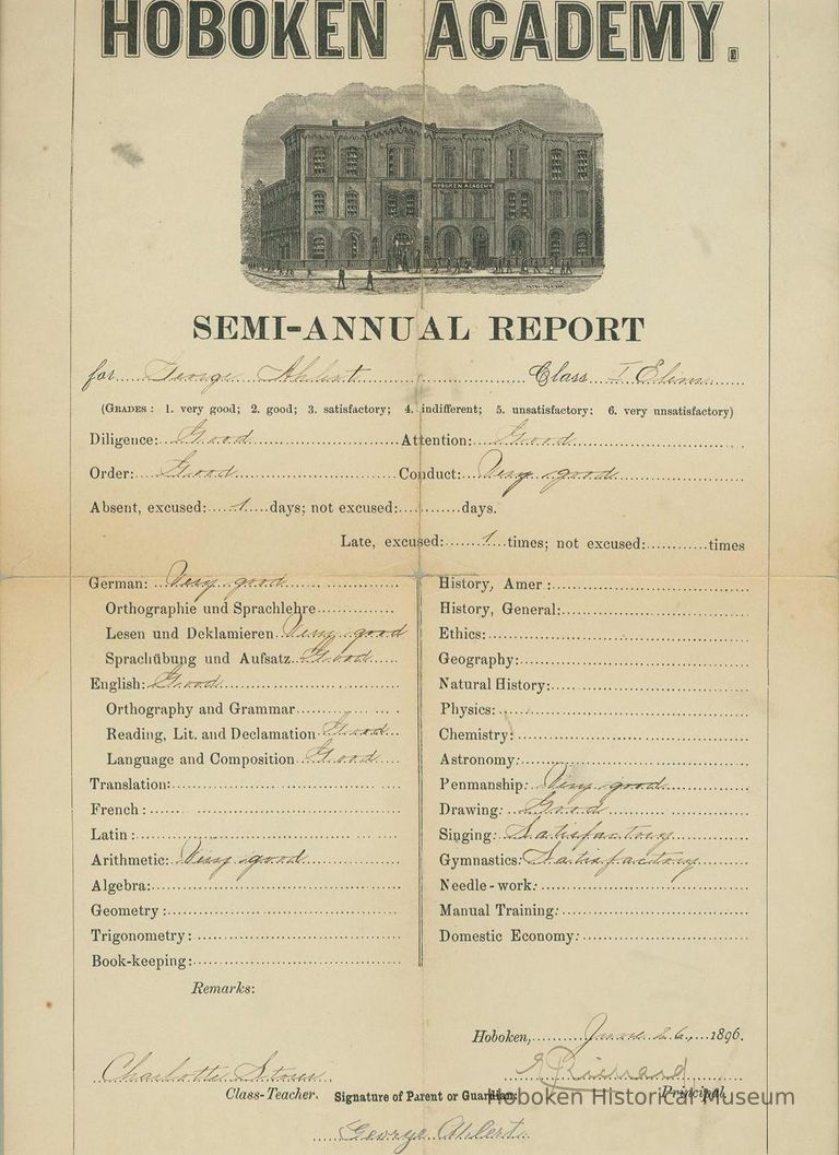 Hoboken Academy report card, semi-annual, of George Ahlert, Hoboken, June 26,1896. picture number 1