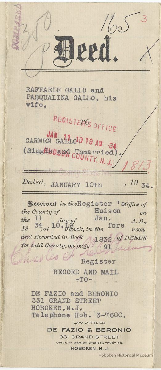 Digital images of Oct. 1, 1927 bond by Raffaele and Pasqualina Gallo (of Hoboken) to Antonio Gallo in the amount of two thousand dollars. picture number 1