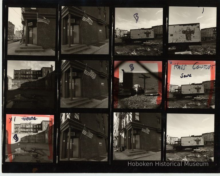 B+W negative contact sheet of images of Hoboken taken by John Conn. no date, [1976]. picture number 1