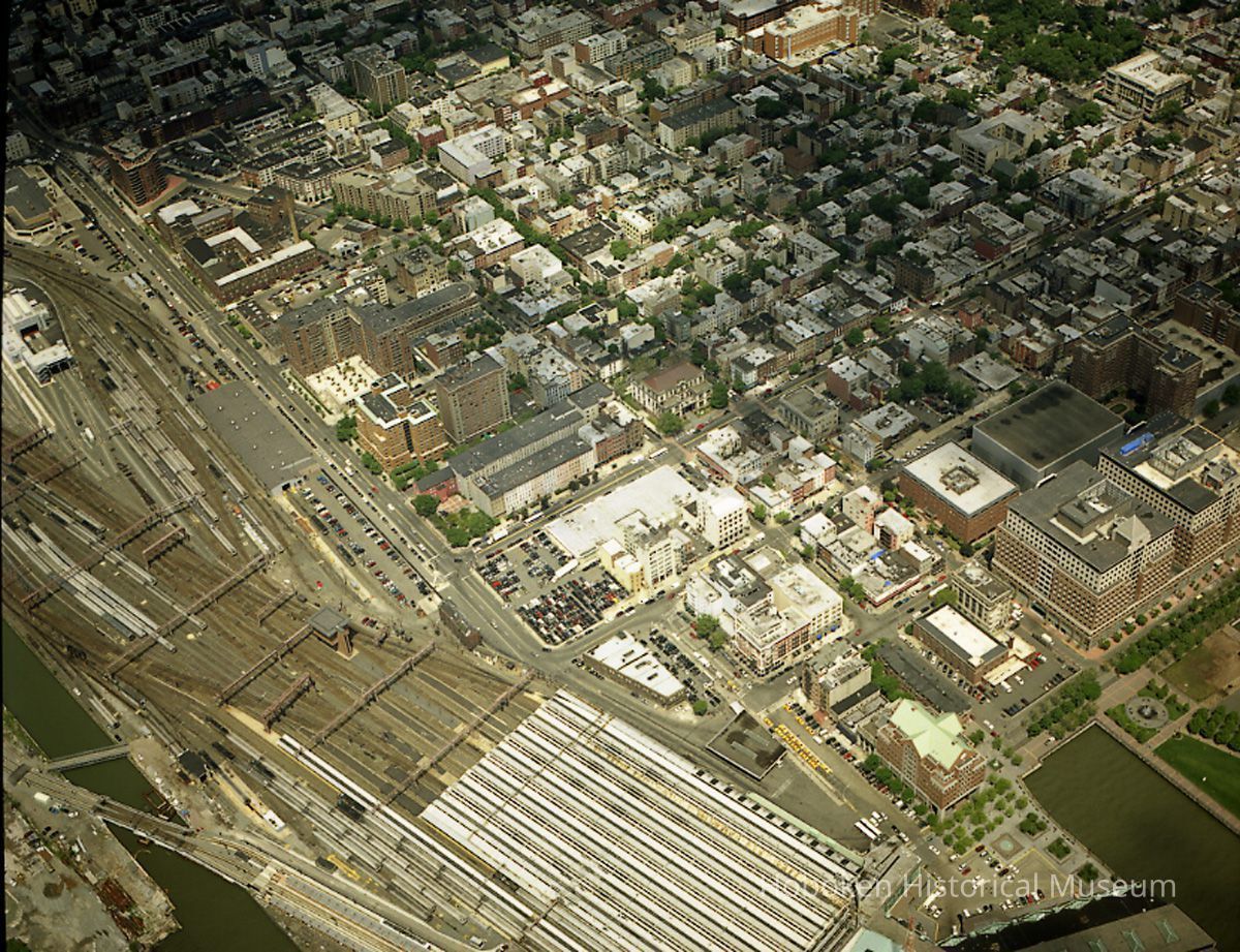 Digital reference image of color aerial view of Hoboken, June 6, 2003. Image number 8576. Photographer, Lee Ross, 