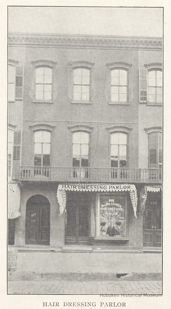 Printed B+W photograph of Mrs. D. Dillinger Hair Dressing Parlor, 525 Washington St., Hoboken, no date, ca. 1905-1908. picture number 1