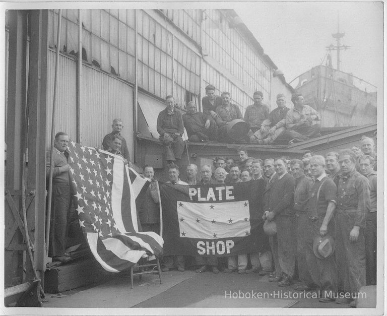 B+W photo of shipyard workers outside plate shop, ca. 1942 picture number 1