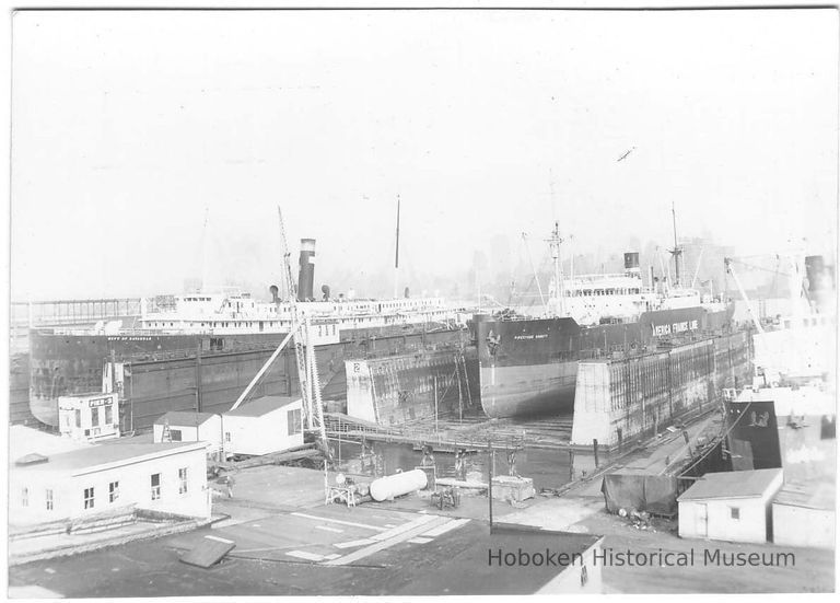 B+W photo of the S.S. City of Savannah in dry dock no. 3; the S.S. Pipestone County in dry dock no. 2, Hoboken, no date, ca. 1940. picture number 1