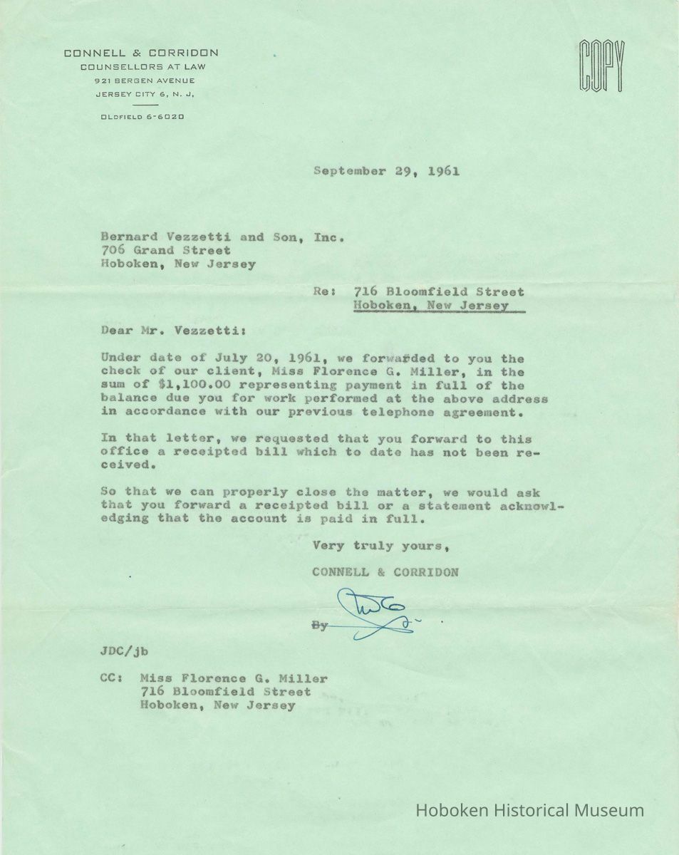 Type carbon signed September 29, 1961 to Bernard Vezzetti and Son, Inc. from Connell & Corridon requesting a receipted bill. picture number 1