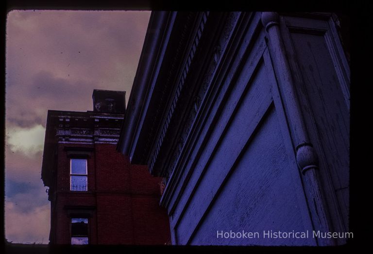 Color slide of detail view of cornices, friezes, dentils and windows on two unidentified buildings on Willow and 11th picture number 1