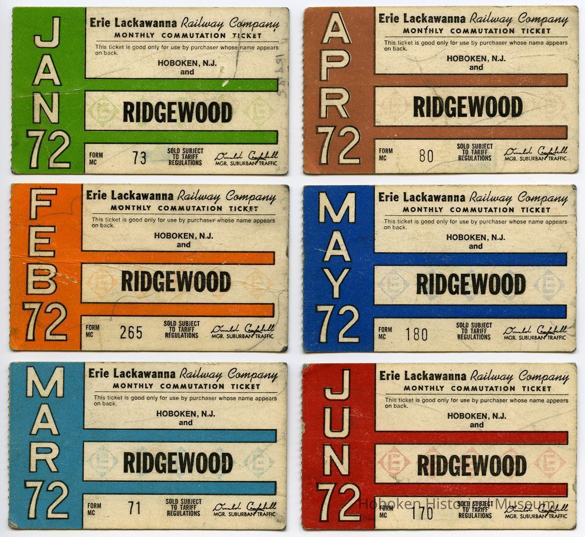 six 1972 Erie Lackawanna Railway monthly commutation tickets