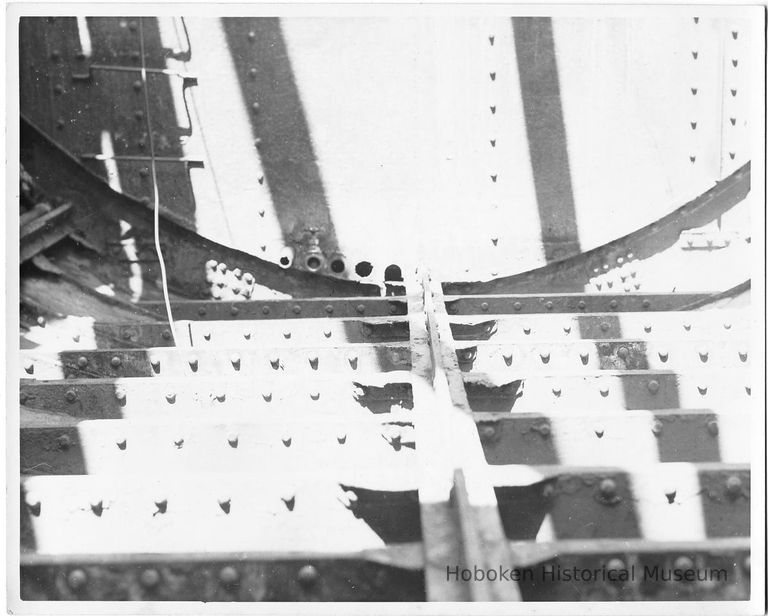 B+W photo of an interior structural view of an unknown ship, probably a hold, Hoboken, no date, ca. 1940. picture number 1