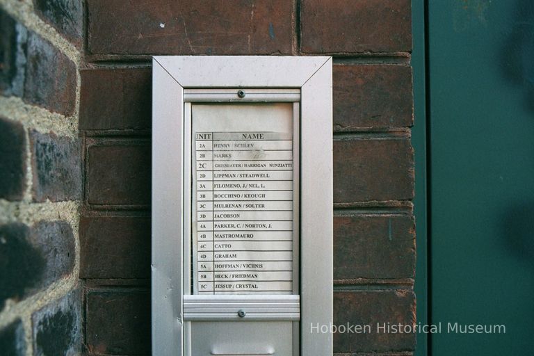 Color photo of a detail of the door bell directory at 722 Grand St., Hoboken, Jan. 3 & 4, 2002. picture number 1