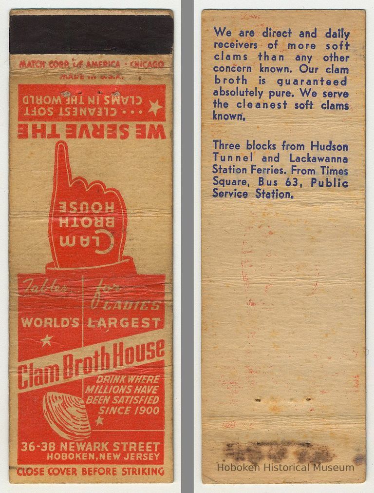 Clam Broth House matchbook cover and inside