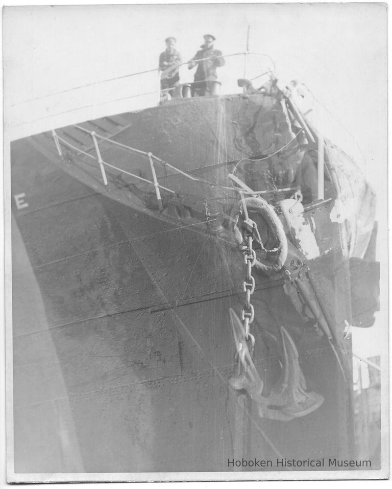 B+W photo of bow damage to unknown ship, Hoboken, no date, ca. 1940. picture number 1