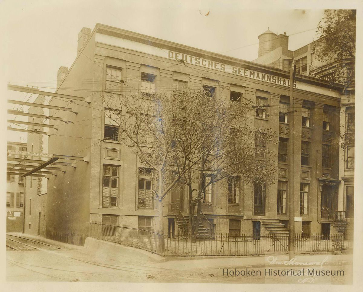 Sepia-tone photo of the German Seamen's Institute (Home) at 60-64 Hudson St., Hoboken, no date, ca. 1912. picture number 1