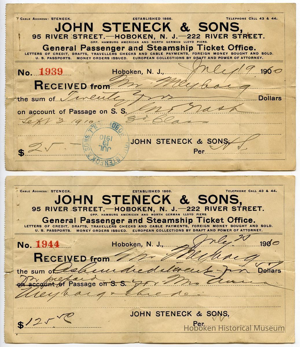 two receipts: John Steneck & Sons, July 1910