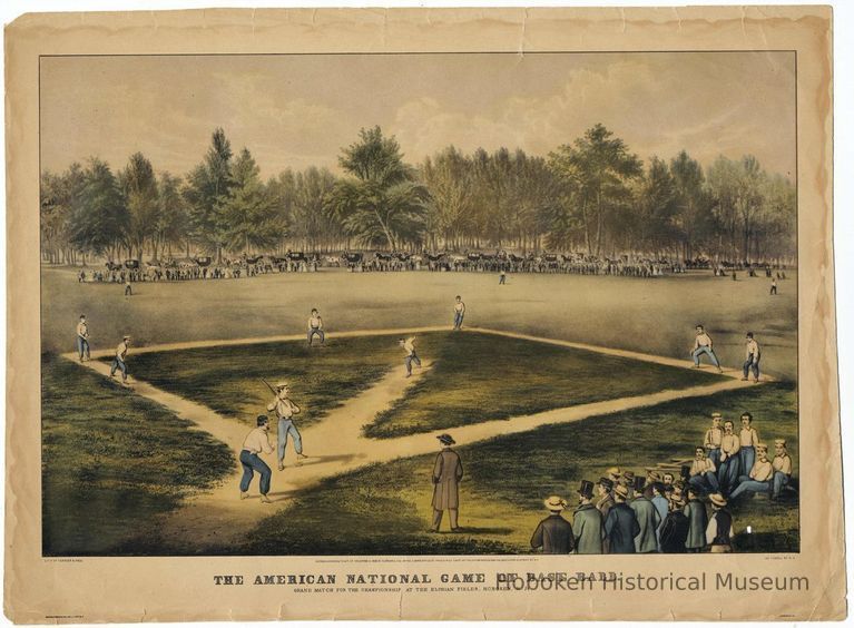 Print: Currier & Ives, The American National Game of Base Ball. Grand Match ... at the Elysian Fields. Hoboken, N.J., Copyright 1866. Later reprint. picture number 1