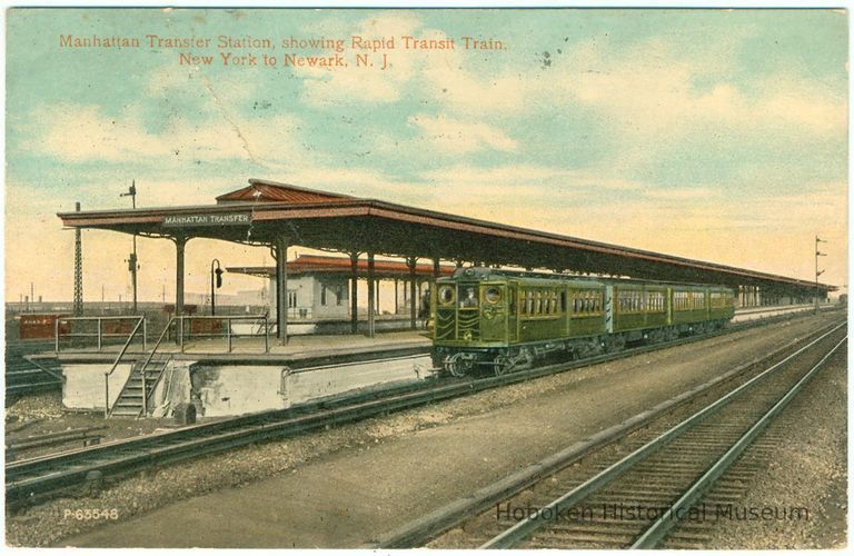 Digital image of Hudson & Manhattan R.R. postcard titled: Manhattan Transfer Station showing Rapid Transit Train, N.Y. to Newark. n.d., ca 1913. picture number 1