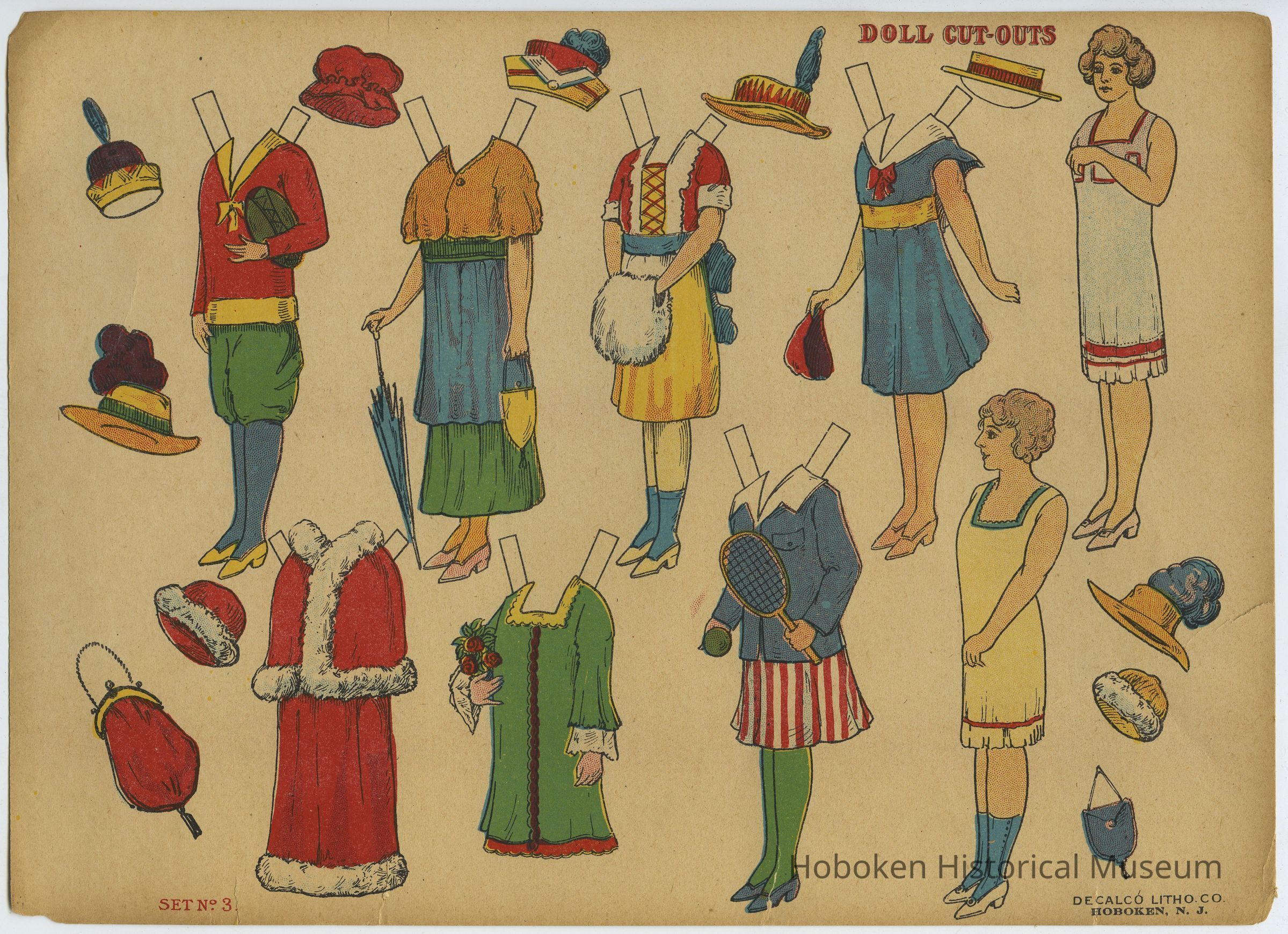 Printed sheets: Doll Cut-Outs, Set No. 1; Set No. 2; Set No. 3; uncut paper doll figures & clothes produced by Decalco Litho. Co., Hoboken, n.d., ca. 1918-1925. picture number 1