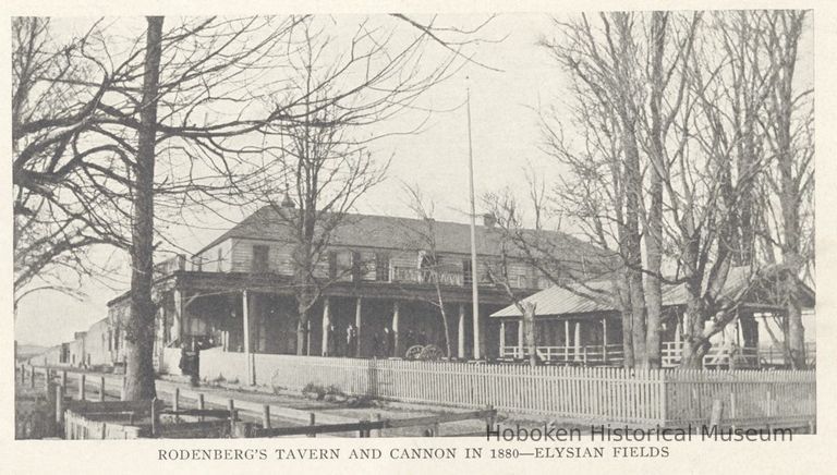 Printed B+W photograph of Rodenberg's Tavern and Cannon in 1880, Elysian Fields, Hoboken, ca. 1880's. picture number 1