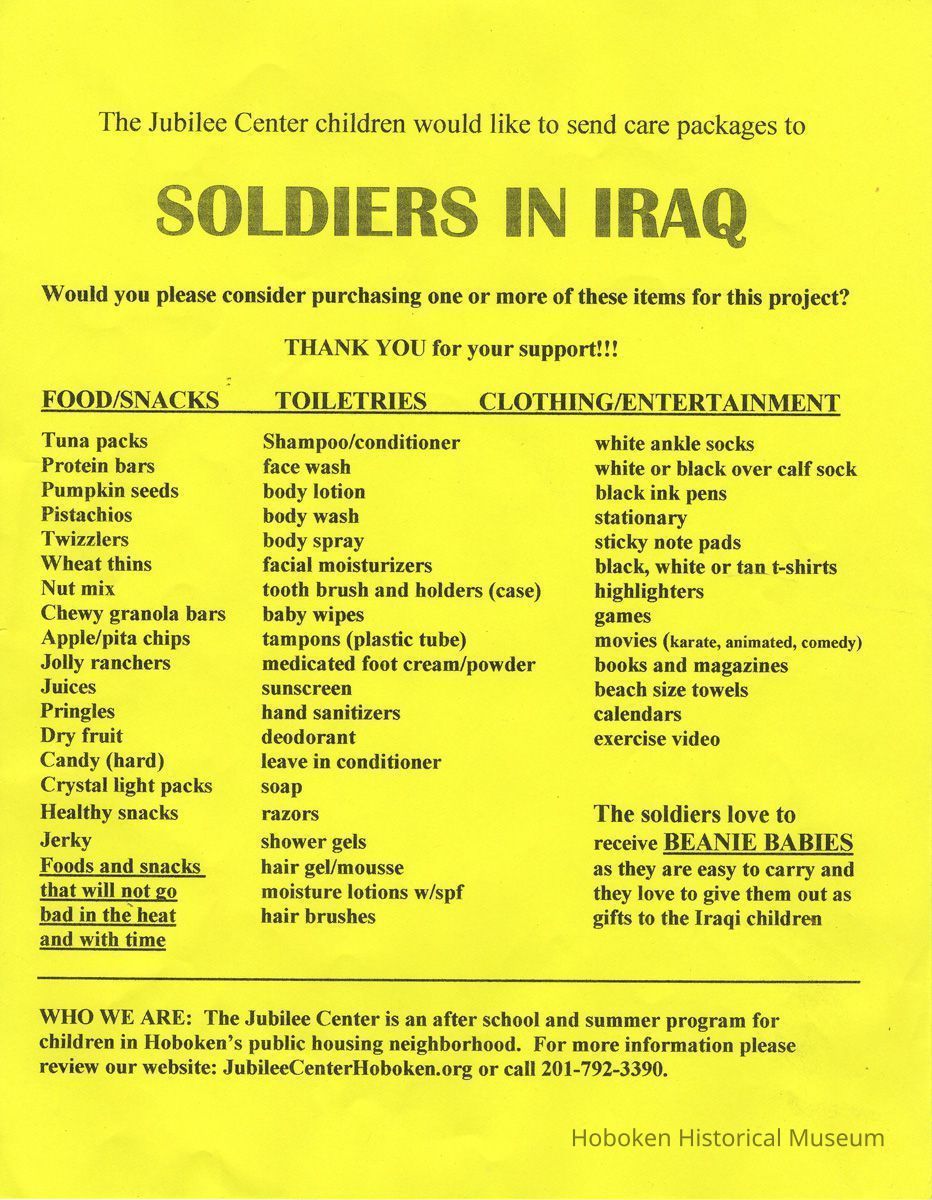 Flier about program by Jubilee Center children sending care packages to 