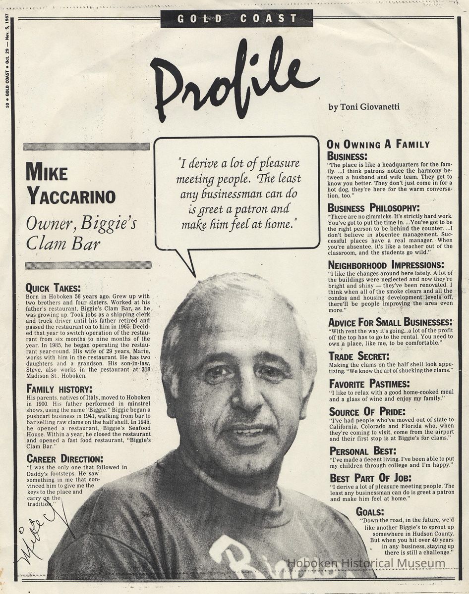 Article: Gold Coast Profile, Mike Yaccarino, Owner, Biggie's Clam Bar. 1987. picture number 1