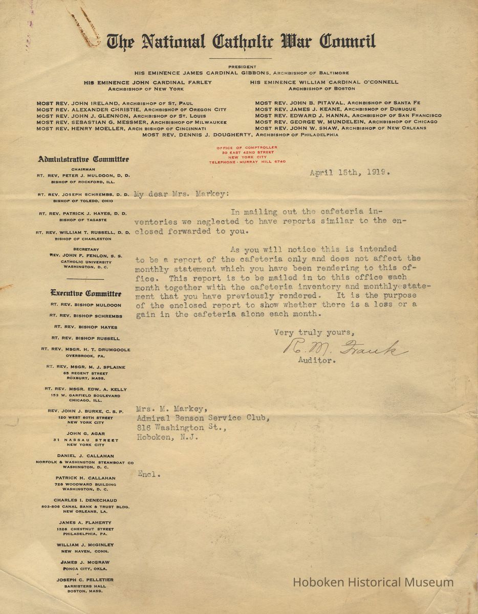 TLS from R.M. Frank, Auditor, National Catholic War Council to Mrs. [Mary H.] Markey, Admiral Benson Service Club, Hoboken, April 15, 1919 re cafeteria inventory. picture number 1