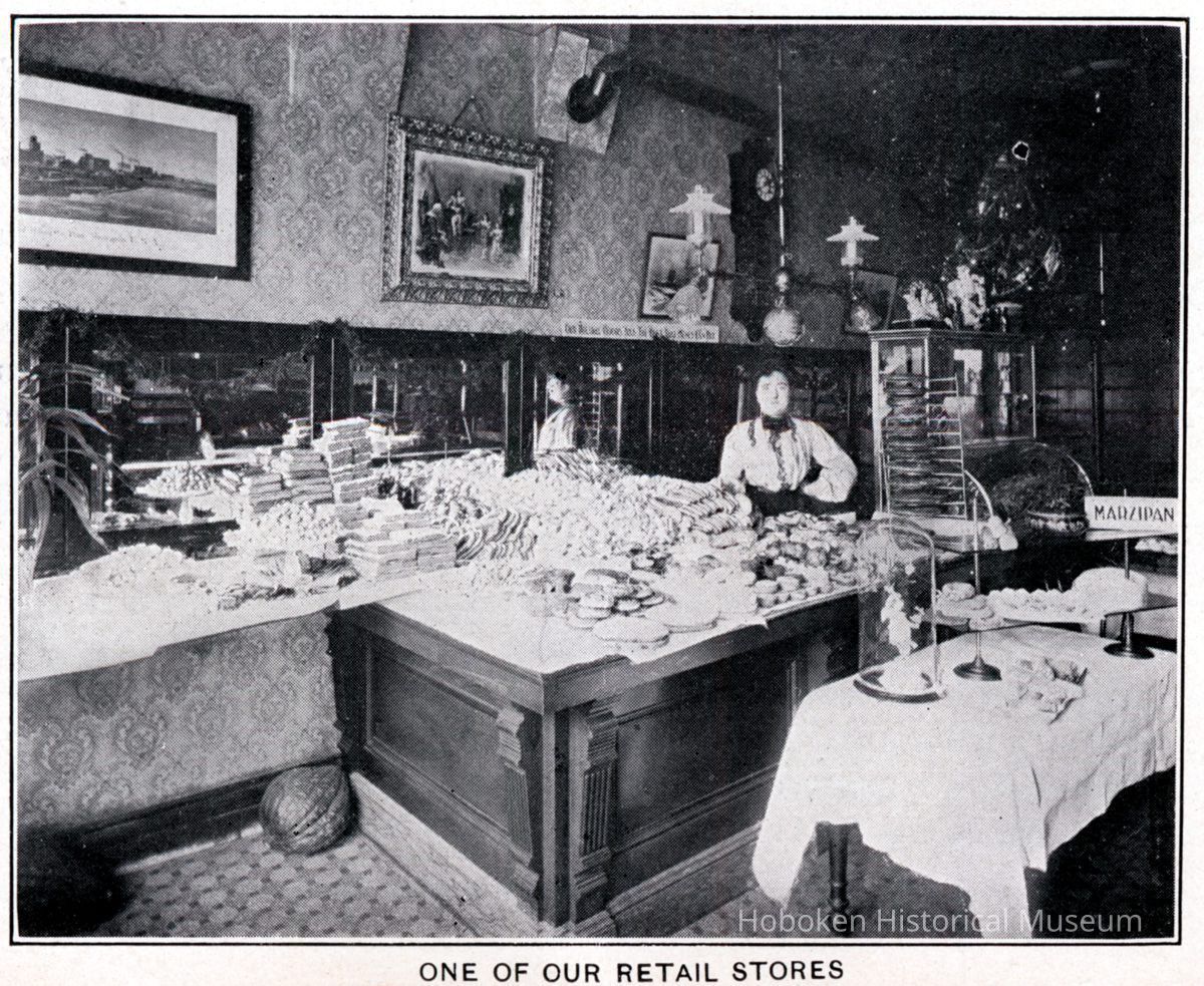 Reference image: interior view of a retail bakery shop of John Schmalz's Sons' Model Bakery, location not given, Hoboken, no date, ca. 1901-1909. picture number 1