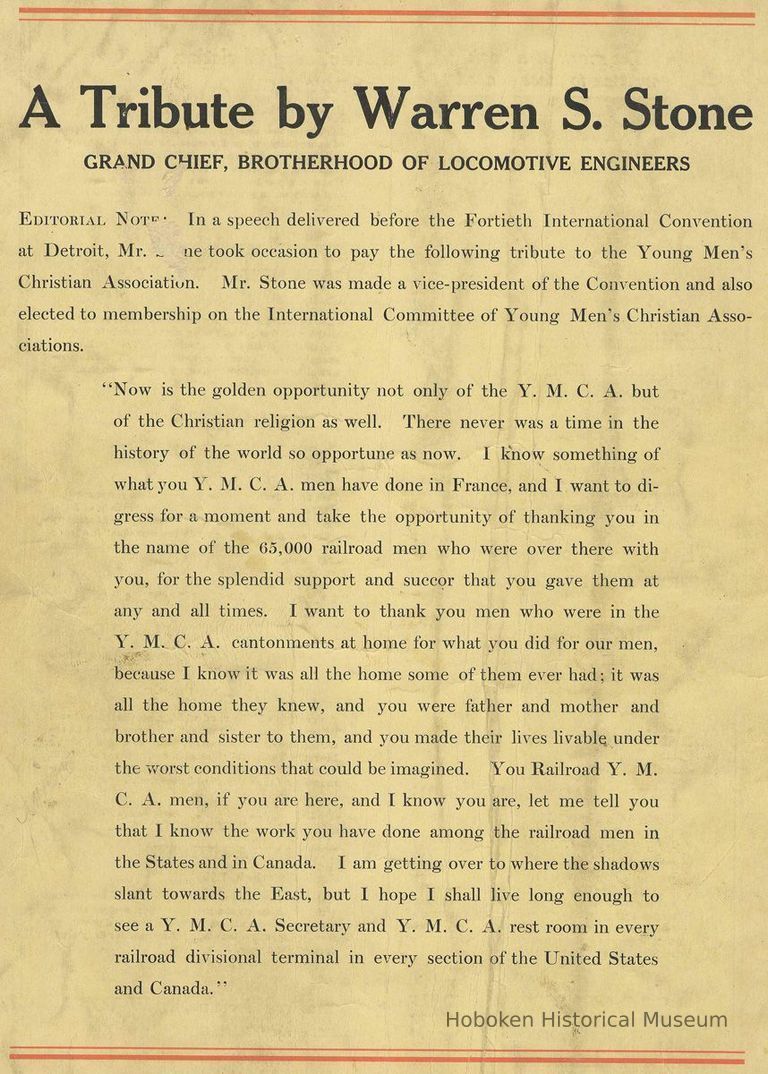 Back cover from a Y.M.C.A. publication with a tribute to Railroad Y.M.C.A.'s from Warren S. Stone, Brotherhood of Locomotive Engineers, ca. 1920. picture number 1