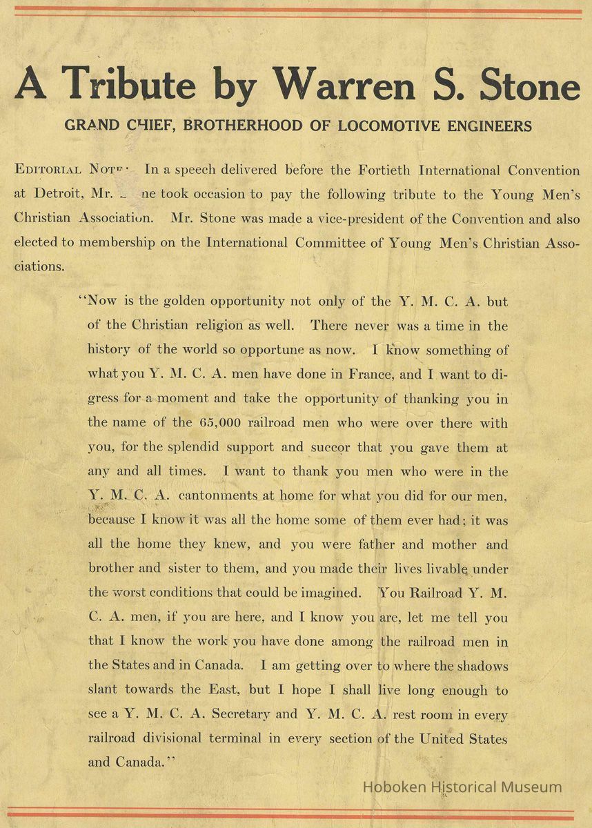 Back cover from a Y.M.C.A. publication with a tribute to Railroad Y.M.C.A.'s from Warren S. Stone, Brotherhood of Locomotive Engineers, ca. 1920. picture number 1