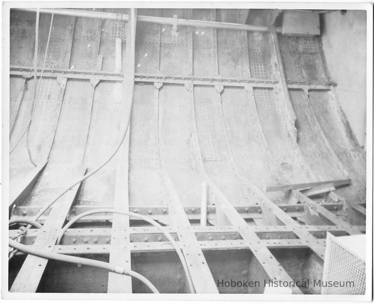 B+W photo of an interior structural view of an unknown ship, Hoboken, no date, ca. 1940. picture number 1