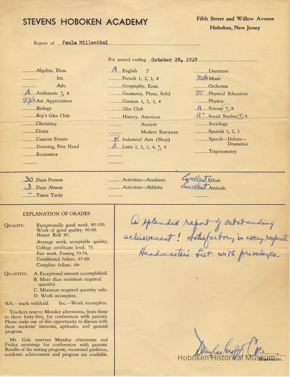 report card Oct. 28, 1949