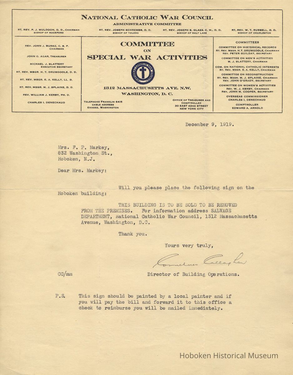 TLS from Cornelius Callaghan, National Catholic War Council to Mrs. F.P.[Mary H. Markey], Dec. 9. 1919 directing her to place a sign about the building for sale. picture number 1