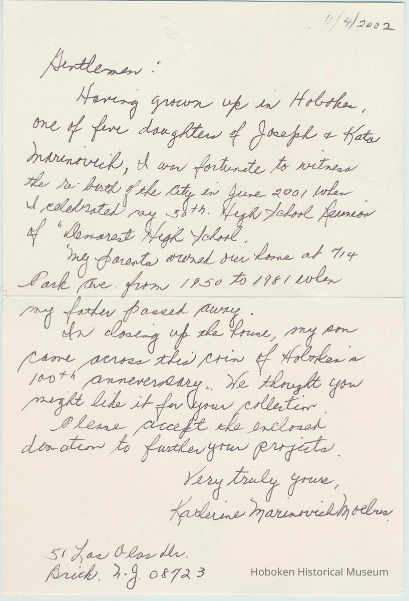 Holographic letter (note card) from Katherine Marinovich Moebes to the Museum, Nov. 4, 2002 with object and family history. picture number 1