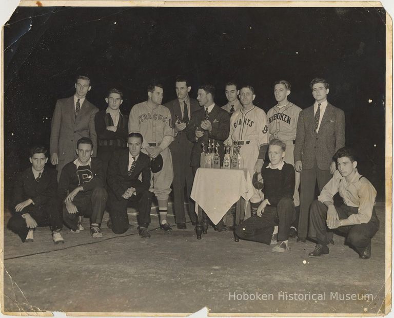 B+W photo of a baseball ceremony for presenting trophies, probably Weehawken, no date, ca, 1950-1955. picture number 1