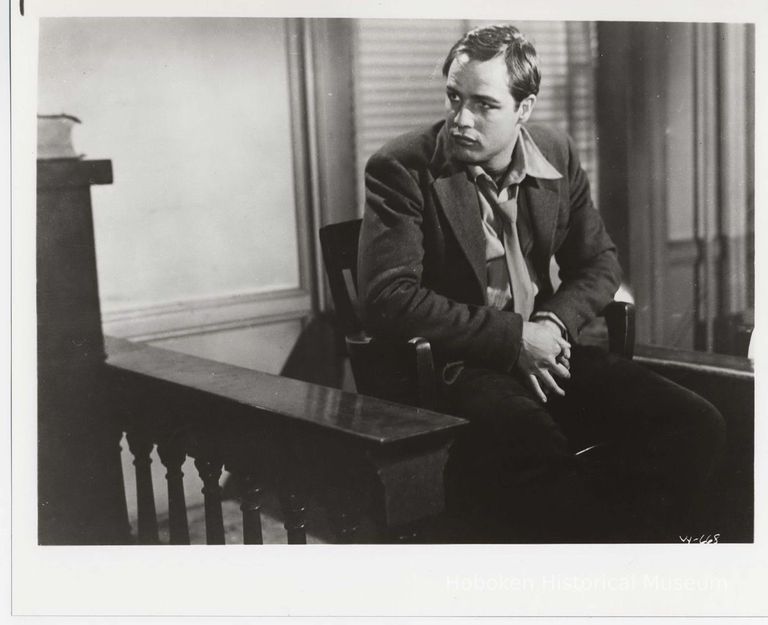 Black-and-white publicity photo of Marlon Brando as Terry Malloy in film 