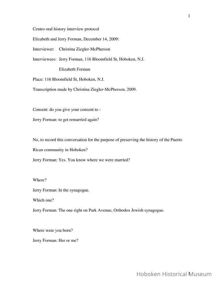 Transcript of interview of Jerry & Elizabeth Forman of Hoboken; for El Centro Puerto Rican History Project, 2009. picture number 1