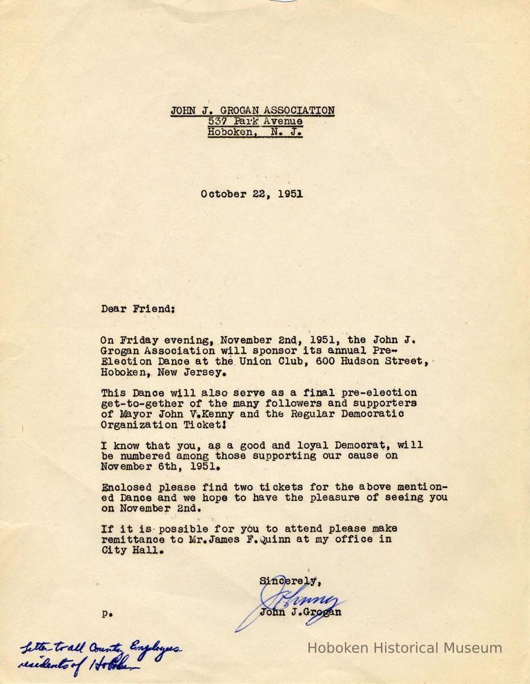 Digital image of letter: Signed letter from John J. Grogan, Oct. 22, 1951 inviting recipient to annual Pre-Election Dance at Union Club. picture number 1