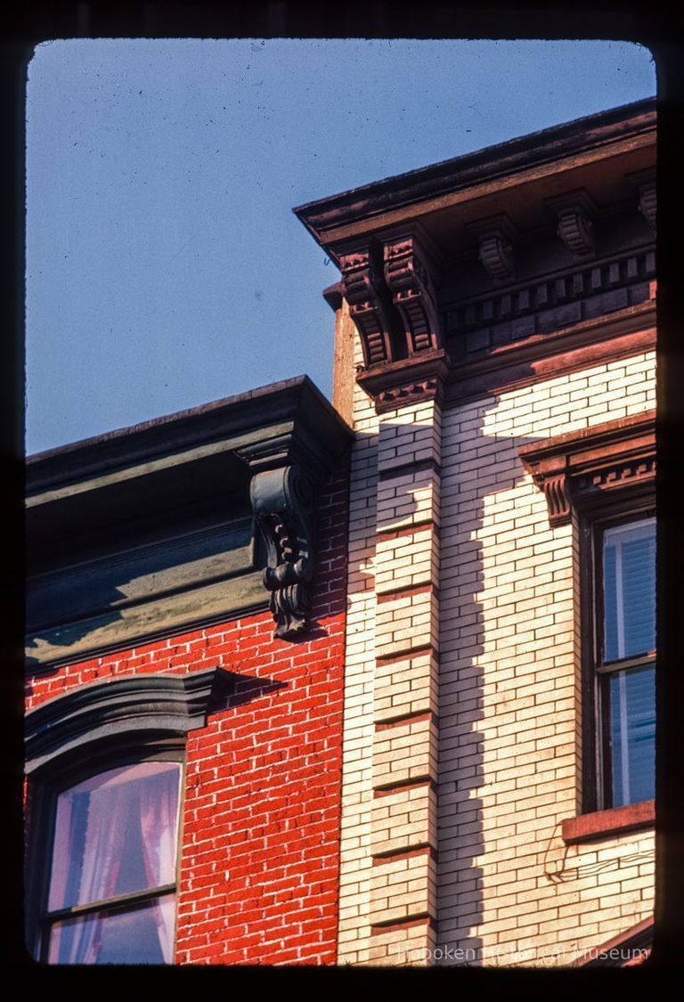 Color slide of detail view of cornices, bracket and brick pilaster at 204 3rd & 300 Garden picture number 1