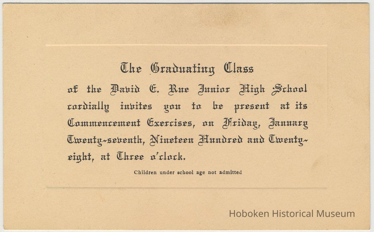 Invitation: Commencement Exercises of David E. Rue Junior High School, Hoboken, June 26, 1929. picture number 1