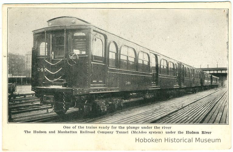 Digital image of Hudson & Manhattan R.R. postcard titled: One of the trains ready for the plunge under the river. 1908. picture number 1