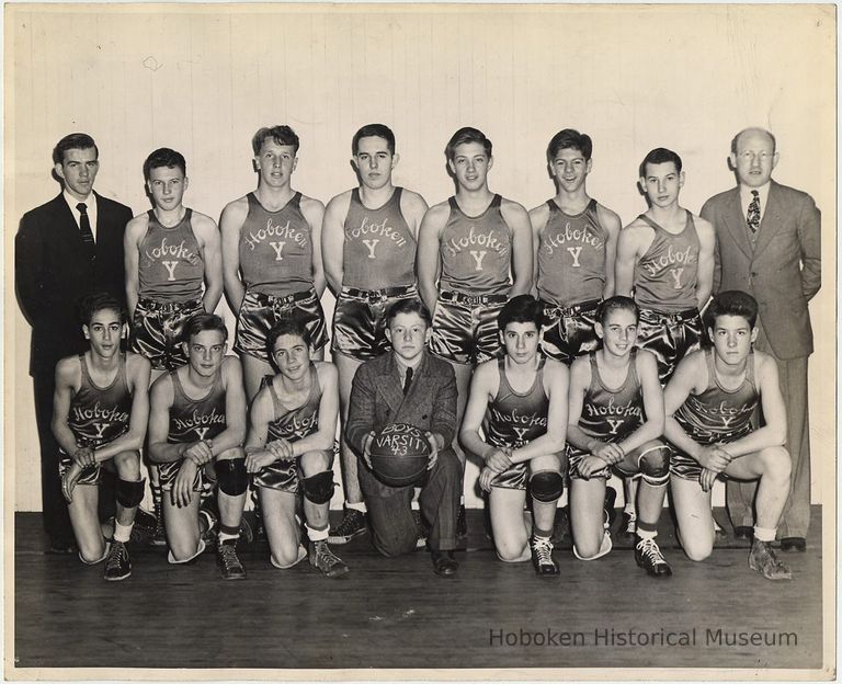 B+W photo of Hoboken YMCA varsity basketball team, Hoboken, 1943. picture number 1